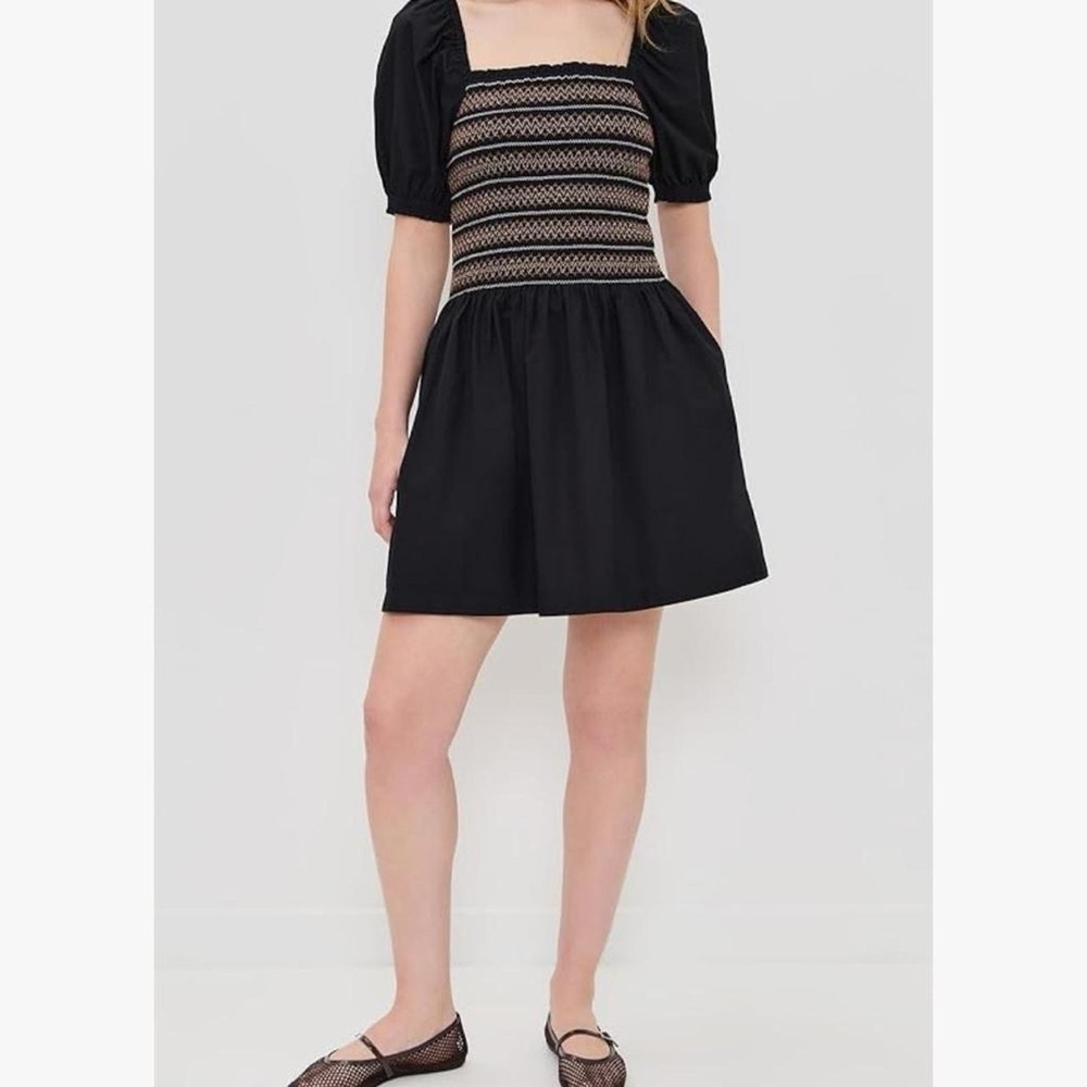Madewell adorable black mini‎ dress with smocking, puff sleeves and pockets S